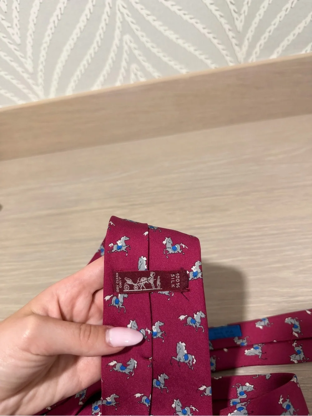 Vintage Hermès Paris 100% Silk Burgundy Horse Print Men’s Tie